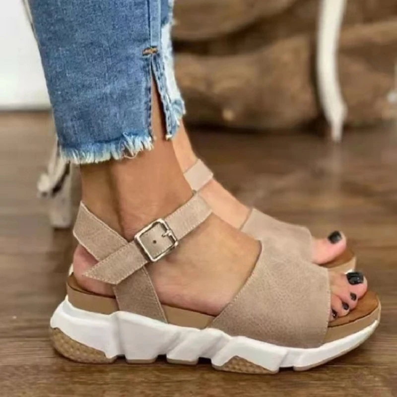 2022 Women Summer Wedges Buckle Strap Sandals Open Toe Casual Ladies Suede Non-Slip Solid Beach Shoes Open Toe Sandalias Mujer