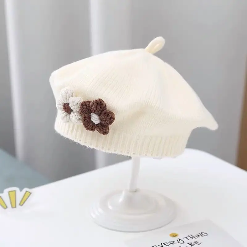 Béret Bébé Fille Tricoté Avec Fleur - Laine Douce, Taille Unique 6 Mois-3 Ans - Hiver Vintage