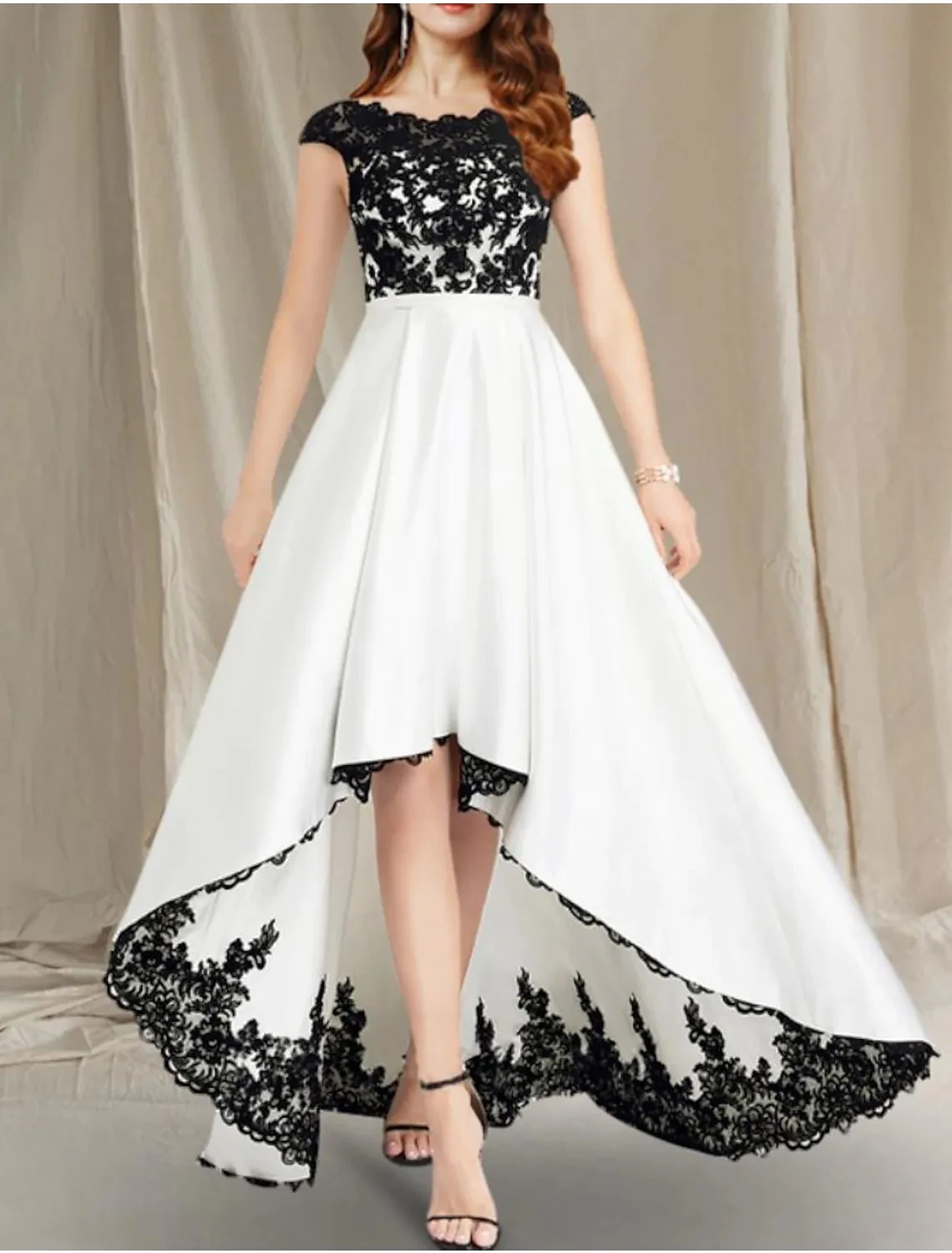 

Black White High Low Prom Dresses Jewel Asymmetrical Floor Length Lace Satin Evening Formal Gowns Vestidos Feast Robe De Soiree