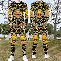 New men's sportswear suit male 3D bull head long-sleeved casual slim T-shirt trousers 2-piece set 3D tiger print T-shirt pants