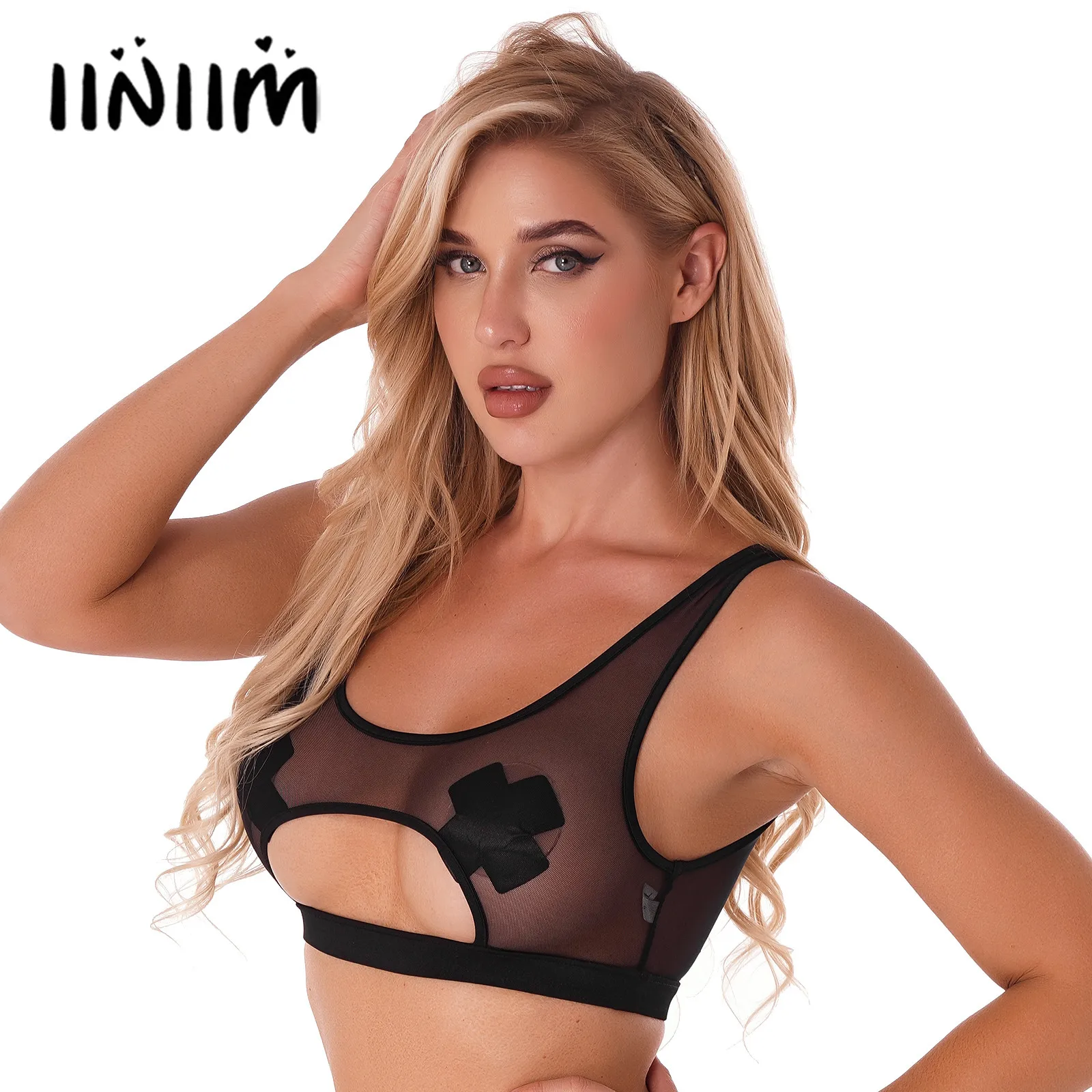 

Женский прозрачный сетчатый укороченный топ с вырезом, праздничная Клубная одежда, жилет без рукавов с U-образным вырезом, нижнее белье, Майки для клуба, музыкального фестиваля