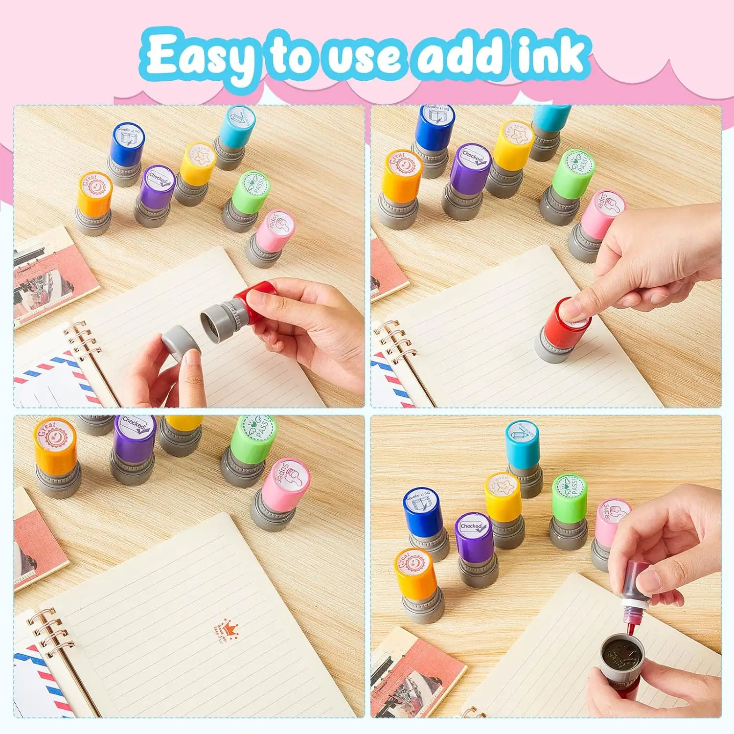 8-Pack Teacher Stamps Self-Refilling Ink Teacher Stamp Set Picture Stamps Motivational Color Supplies Hom