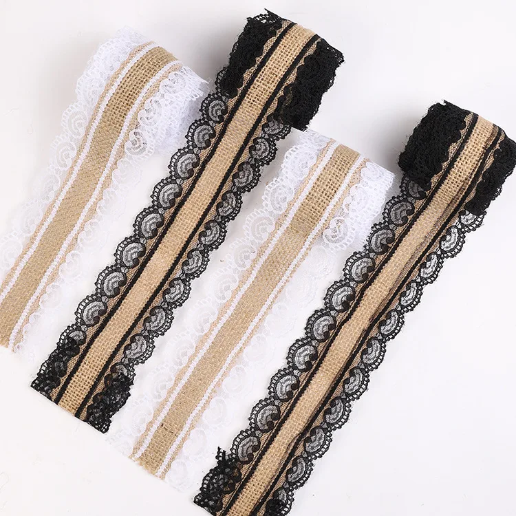 2.5cm Jute Burlap Ribbon and White Black Lace Decoration DIY Handmade Crafts Fabric Wedding Christmas Halloween Party Decor Tape ribbon decoration ribbon supplies jute ribbon fabric craft supplies