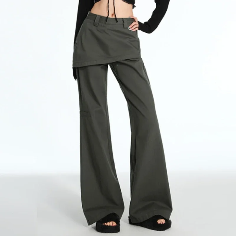 Plus Size Fake Two-Piece Fart Curtain Retro Jeans 2025 Spring Autumn Micro-Pull Cargo Slimming Straight Stacked Wide-Leg Pants