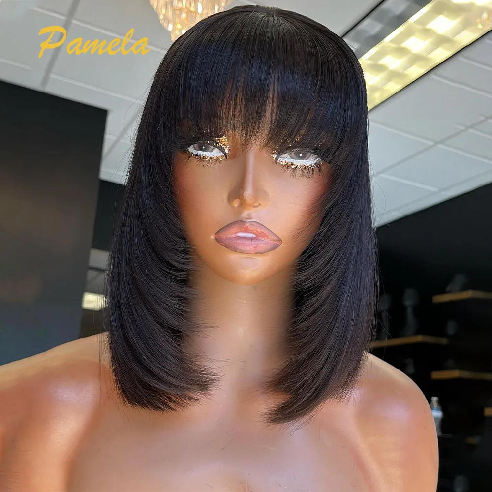 Pixie Cut Short Glueless Wig Human Hair Ready To Wear 250% Density Bone Straight Bob 13x4 Transparent Lace Front Wig With Bang
