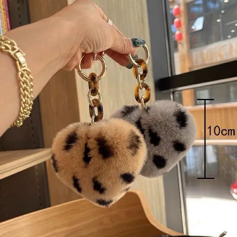 

Cute Heart Key Chains Fluffy Real Rex Rabbit Fur PomPom Keychain Soft Genuine Fur Keychain Metal Ring Bag Charm for Women