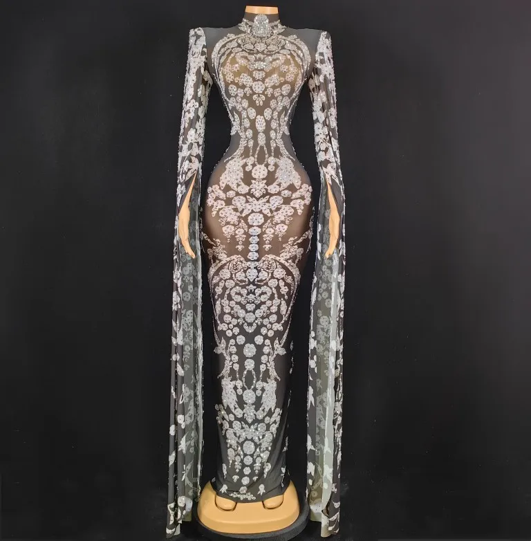 

Large Sleeved Model Hosting Female Song Exaggerated High Collar Rhinestone Wrap Buttocks Sexy Mesh Long Dress Performance