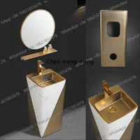 อ่างล้างหน้าทรงกลมสีทองดำพร้อมขาตั้ง อ่างเซรามิกสำหรับห้องน้ำ 2