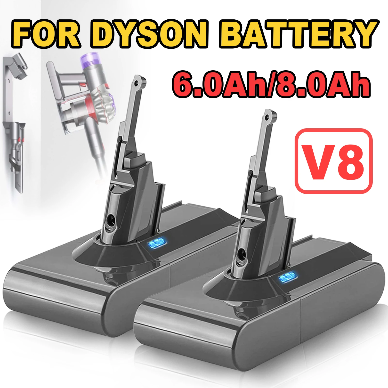 Powtree 6.0Ah/8.0Ah 21.6V For Dyson V8 Battery Absolute V8 Animal Li-ion  SV10 Handheld Vacuum Cleaner series Rechargeable