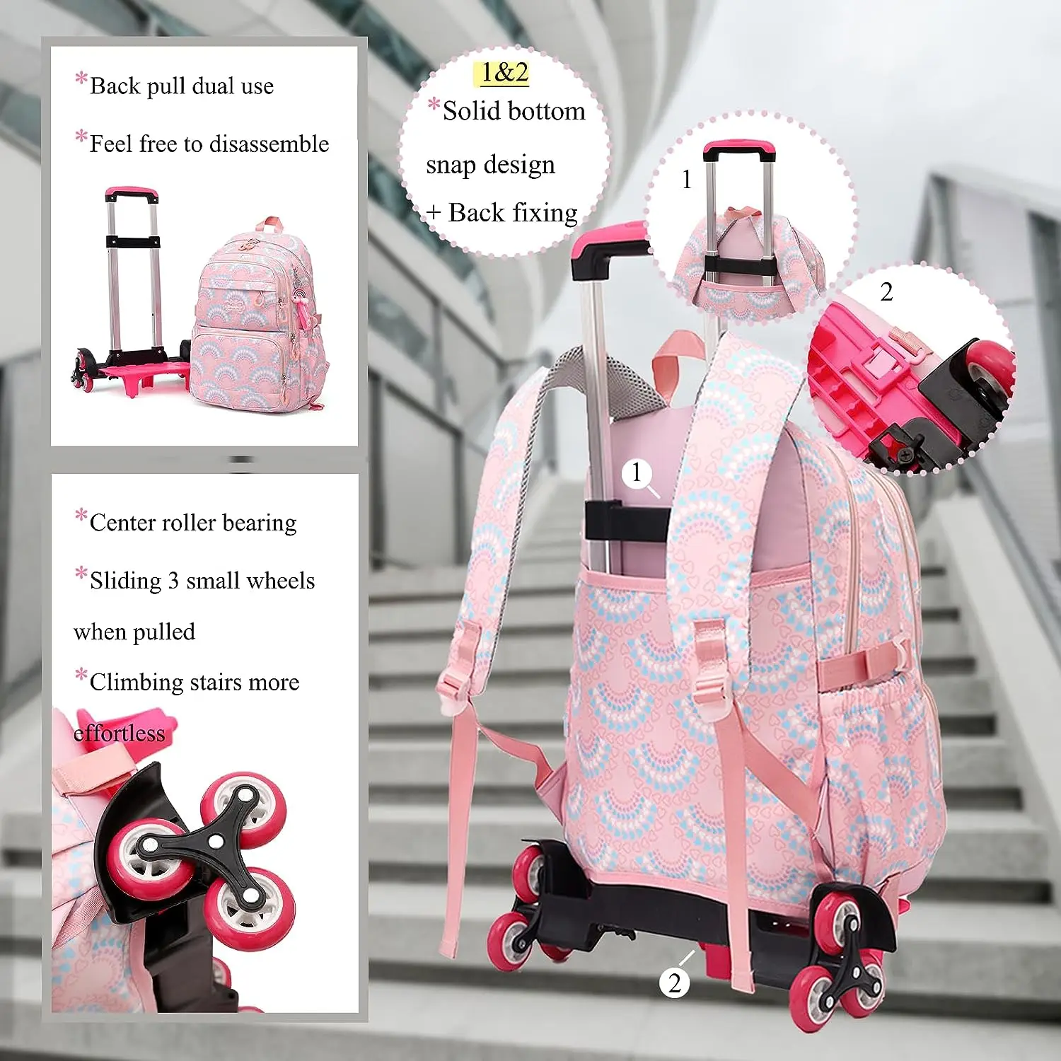 Rolling School Bags for Girls Backpack Children Waterproof School Backpacks with Wheels Middle School Trolley Luggage Back Pack 4