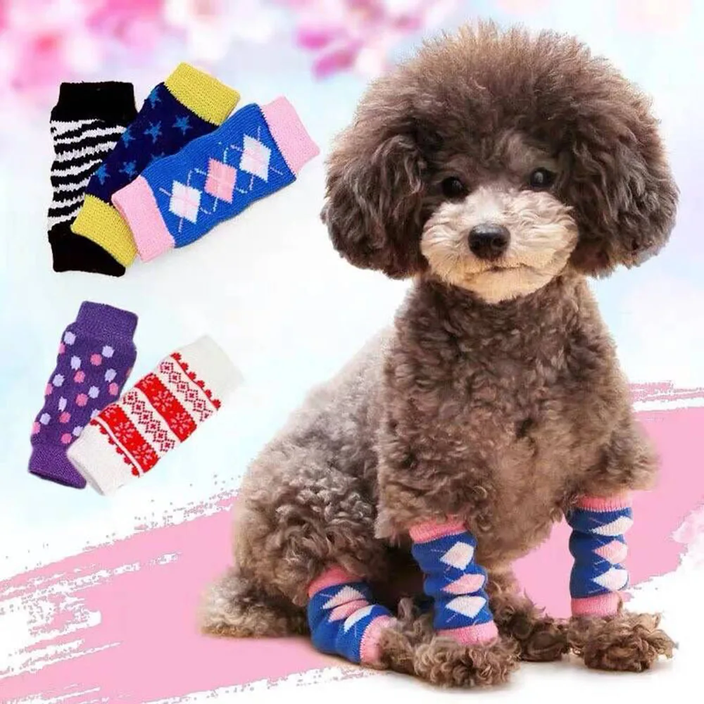 

4Pcs/set Warm Pet Leggings Knee Dog Booties Socks Teddy Leg Sock Winter Warm Leg Protector Dogs Cat Knitting Socks Cover Sleeve