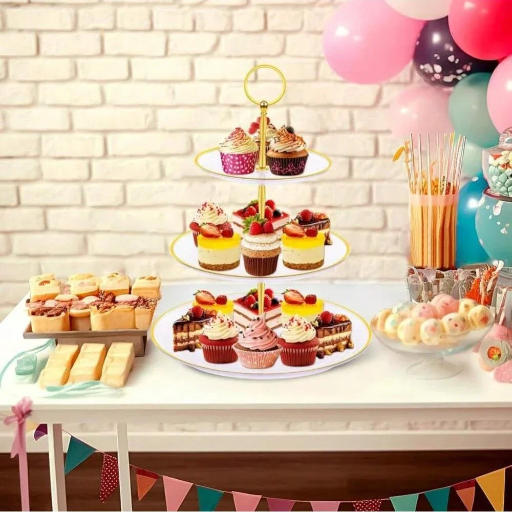 3-Tier Cupcake Stand Fruit Plate Holder Desserts Snack Candy Buffet Stand Tower for Christmas Wedding Party Cake Dessert Tray