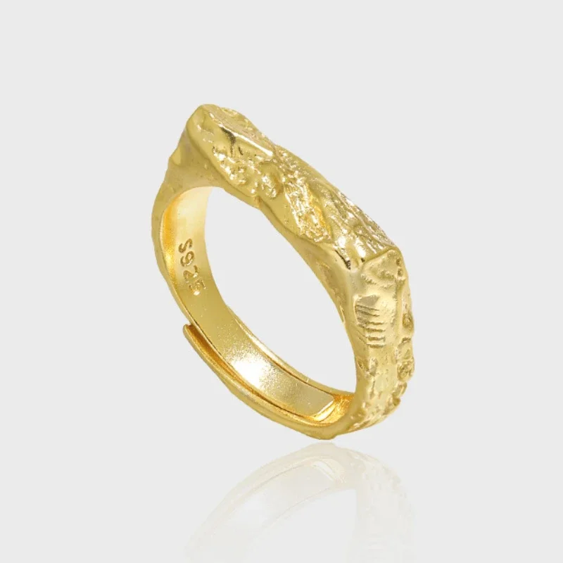 Geometric Square Classical S925 Sterling Silver Ring Uneven Texture Design Rings Fashion Jewelry for Women Gift