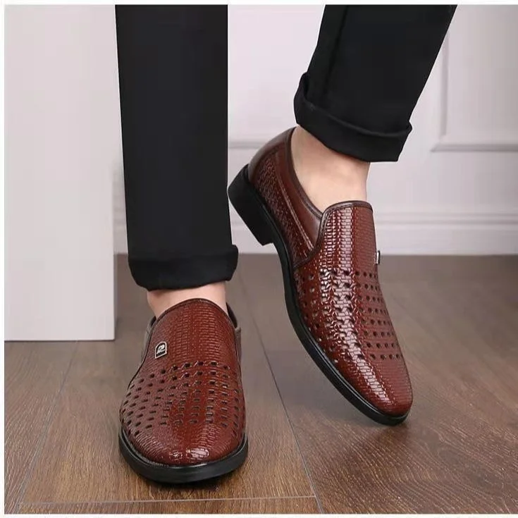 Leather Shoes Summer New Style White Mens Dress Shoes Hollow Out Business Mens Summer Dress Sandals Slip on Flat Shoes