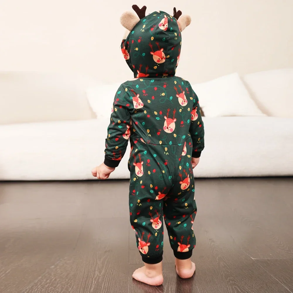 2024 Christmas Family Matching Outfit Cute Deer Ear Hooded Zipper Romper Cute One-Piece Jumpsuit Allover Print Pajamas Xmas Look 6