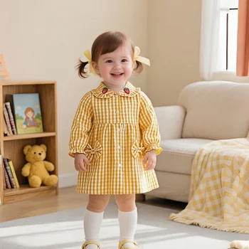 New Autumn And Winter Baby Girl Dress Cute Strawberry Yellow Checkered Daily Travel Children'S Clothing (6 Months To 3 Years)