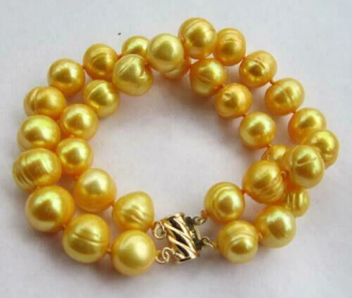 

2-Strand AAA+Natural 10-11mm South China Sea Gold Pearl Bracelet 7.5-8-inch 14k Gold 《2-Strand pearl necklace 18in》