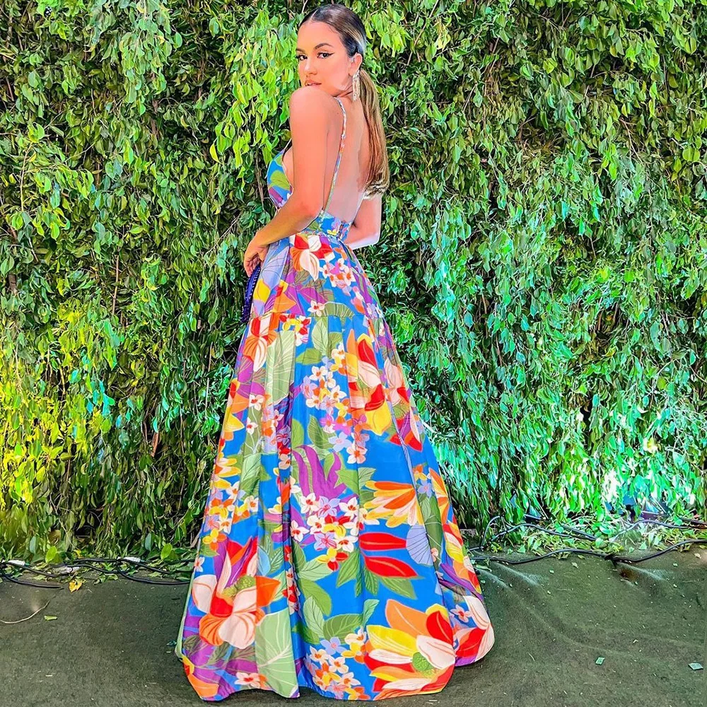 Color Flower Print Spaghetti Strap Evening Dresses Women Temperament Sexy V-neck Backless Beach Vacation Party Long Dress Female