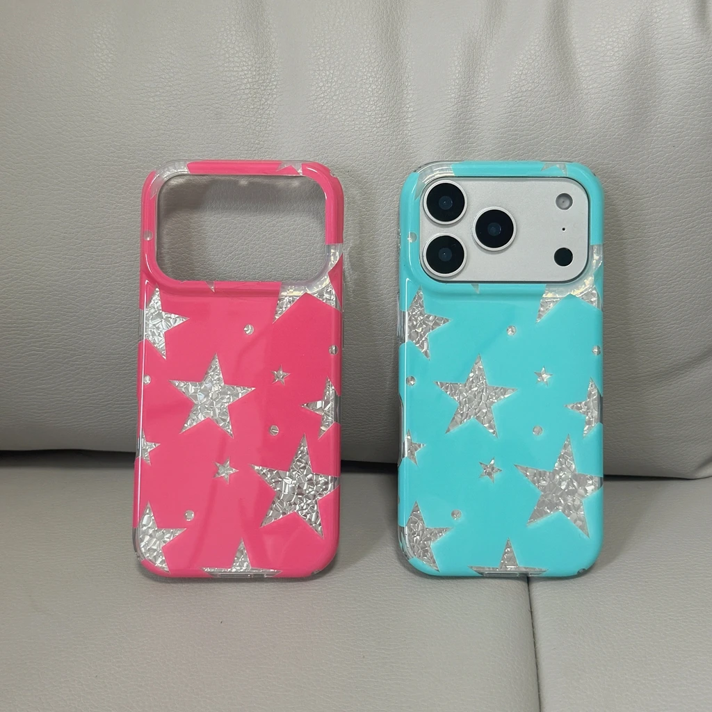 Fashion Aesthetic Pink and Blue Glitter Silver Stars Shockproof Phone Case Cover