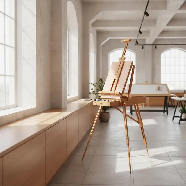 Tripod folding French wooden easel equipped with a built-in sketch storage box. Made of high-quality solid wood, it is sturdy and stable with excellent load-bearing capacity during creation. 1