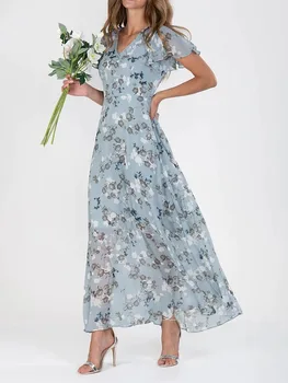 Female Vintage Floral Printing Chic Dress Women Summer Elegant V Neck Maxi Party Dresses Casual Chiffon Beach Long Dress Vestido 1