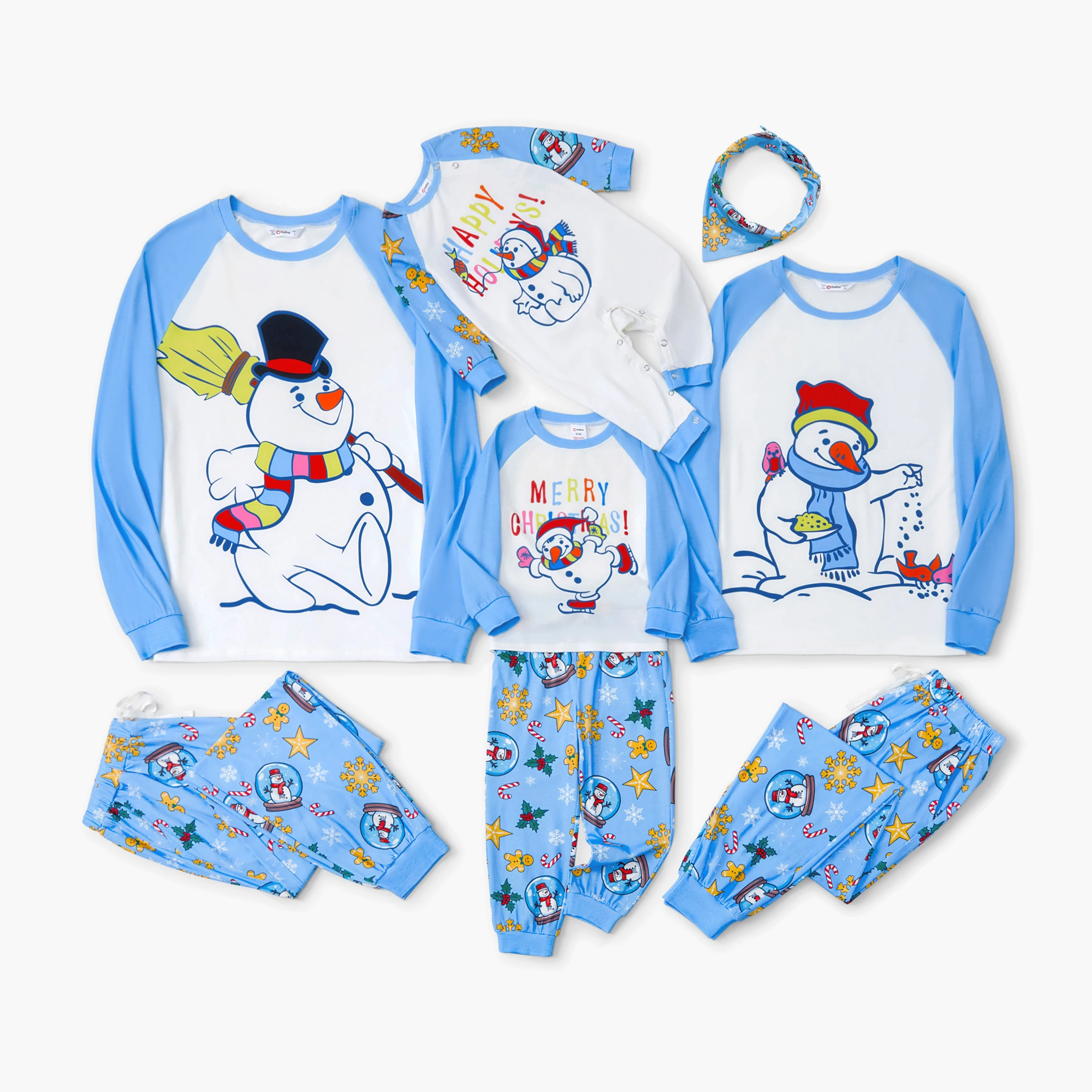 thumbnail image 1 of Pijama navideño familiar a juego con estampado de muñeco de nieve, mangas raglán azules, cordón y bolsillos (resistente al fuego), 1 of 5