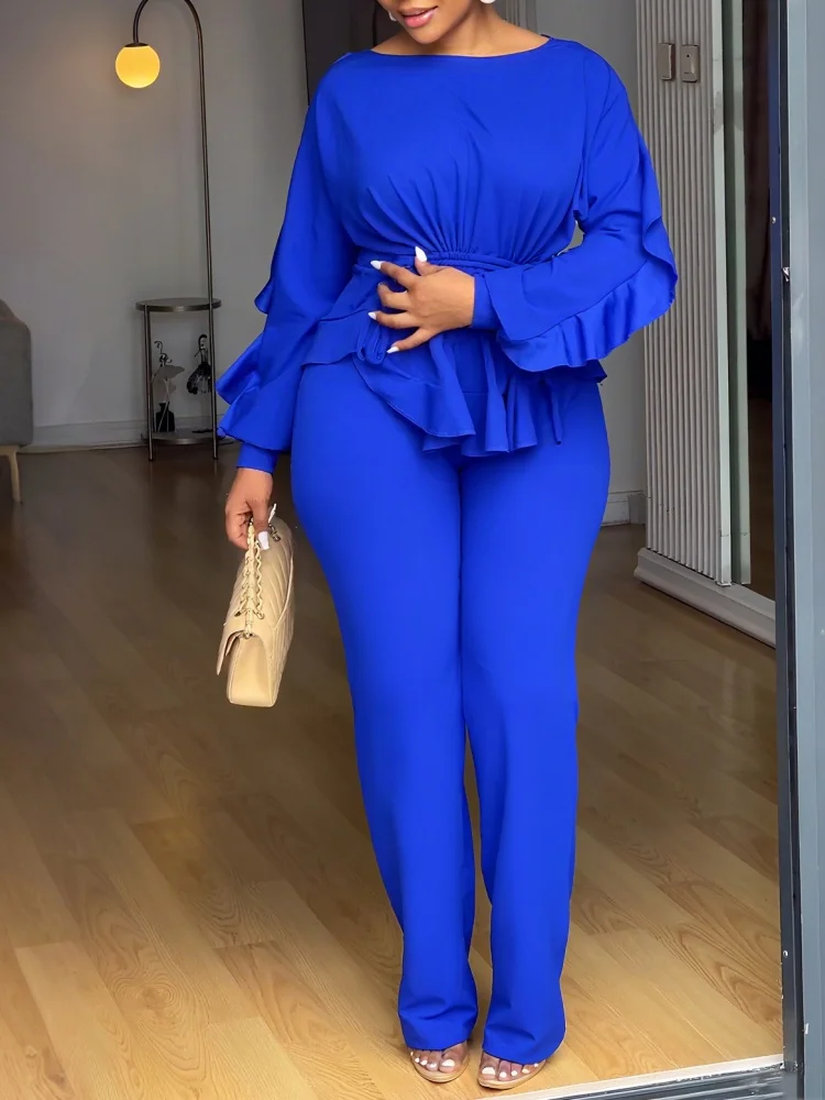 Wmstar Two Piece Set Women Wholesale Elegant Winter Stretch Ruffled Drawstring Long Sleeved Cinched Waist Top Pants Cross Border