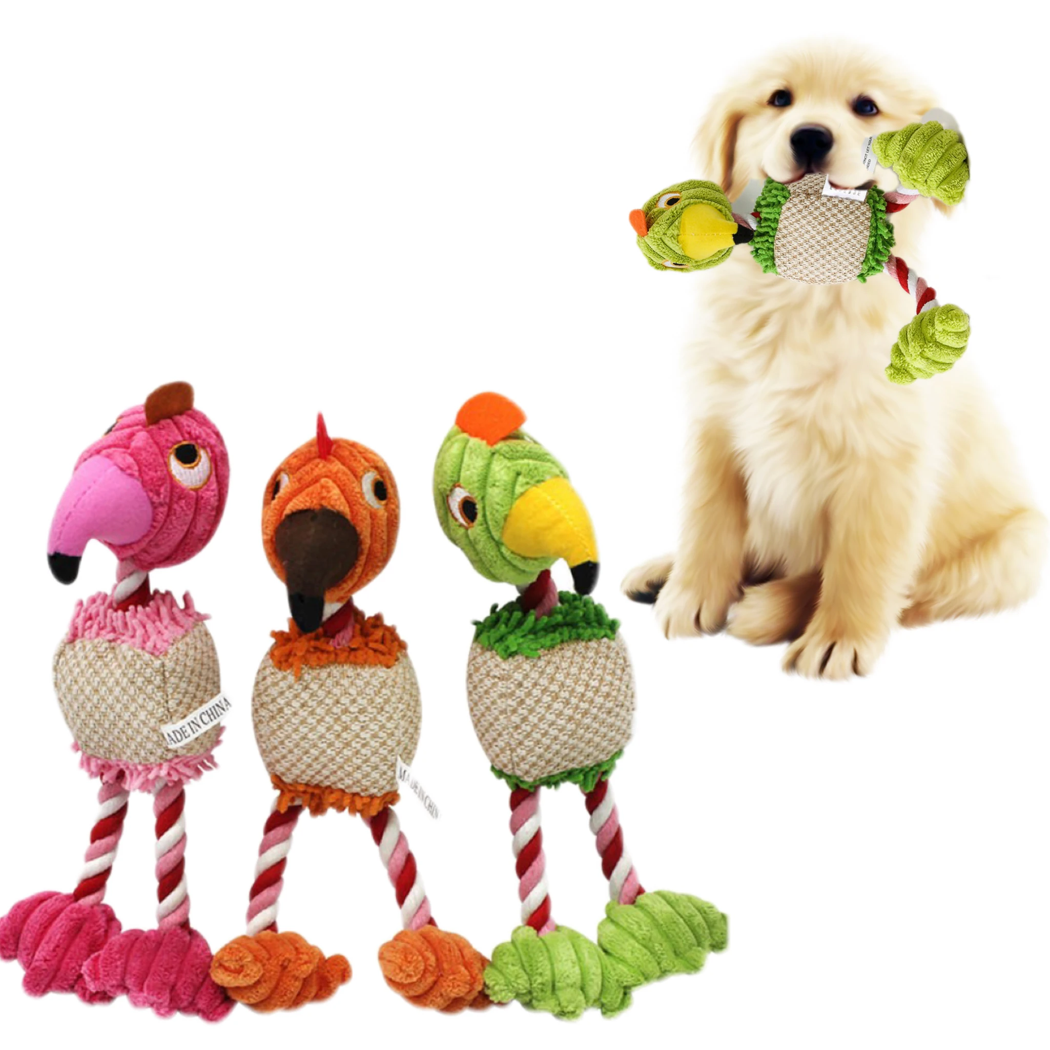 

Cute Small Large Dogs Squeak Toy Flamingo Rope Bite Plush Toy Cotton Resistant Puppy Toys Funny Accompany Pets Accessories