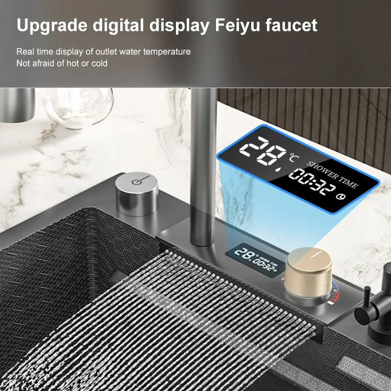 New Waterfall Sink Stainless Steel Kitchen Sink Large Single Household Washbasin Embossed honeycomb multifunctional sink