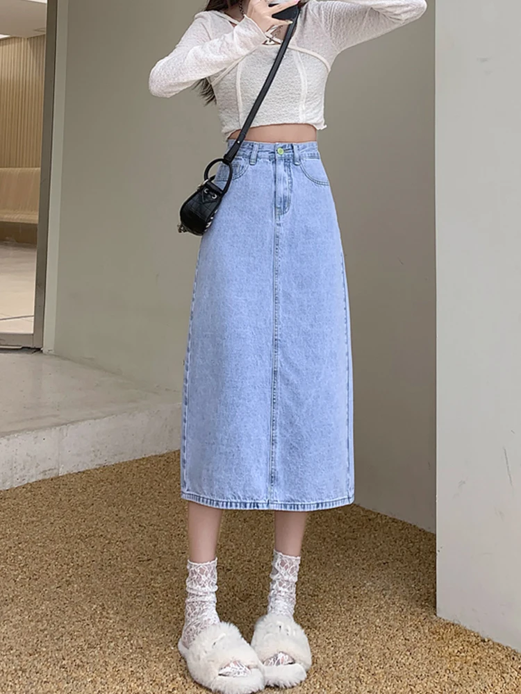 Yitimoky High Waist Pleated  Blue Denim Skirts Women 2022 Summer Spring Denim Skirts Girls student Button Pockets Jeans Straight green skirt