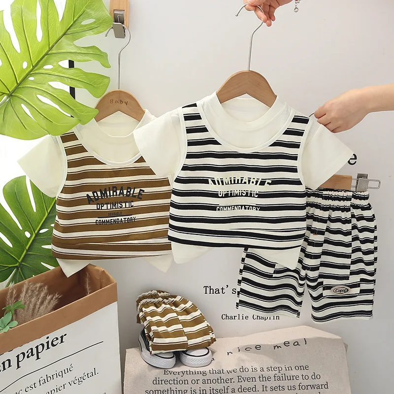 

Summer Baby Outfits 2024 Korean Casual Letter Striped O-neck Short Sleeve T-shirts and Shorts 12 To 18 Months Boy Clothing Sets