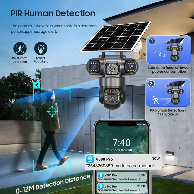 V380 Pro Solar Camera 4G SIM Outdoor Three Lens Three Screens PIR Human Detect CCTV Security Battery PTZ IP Camara Farm orchard 3