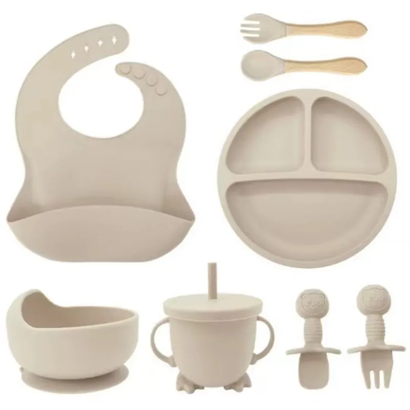 Children's Dishes Set Baby Silicone 6/8-piece Tableware Set Suction Cups Forks Spoons Bibs Straws Cups Mother and Baby Supplies silicone meal set silicone feeding set baby tableware set