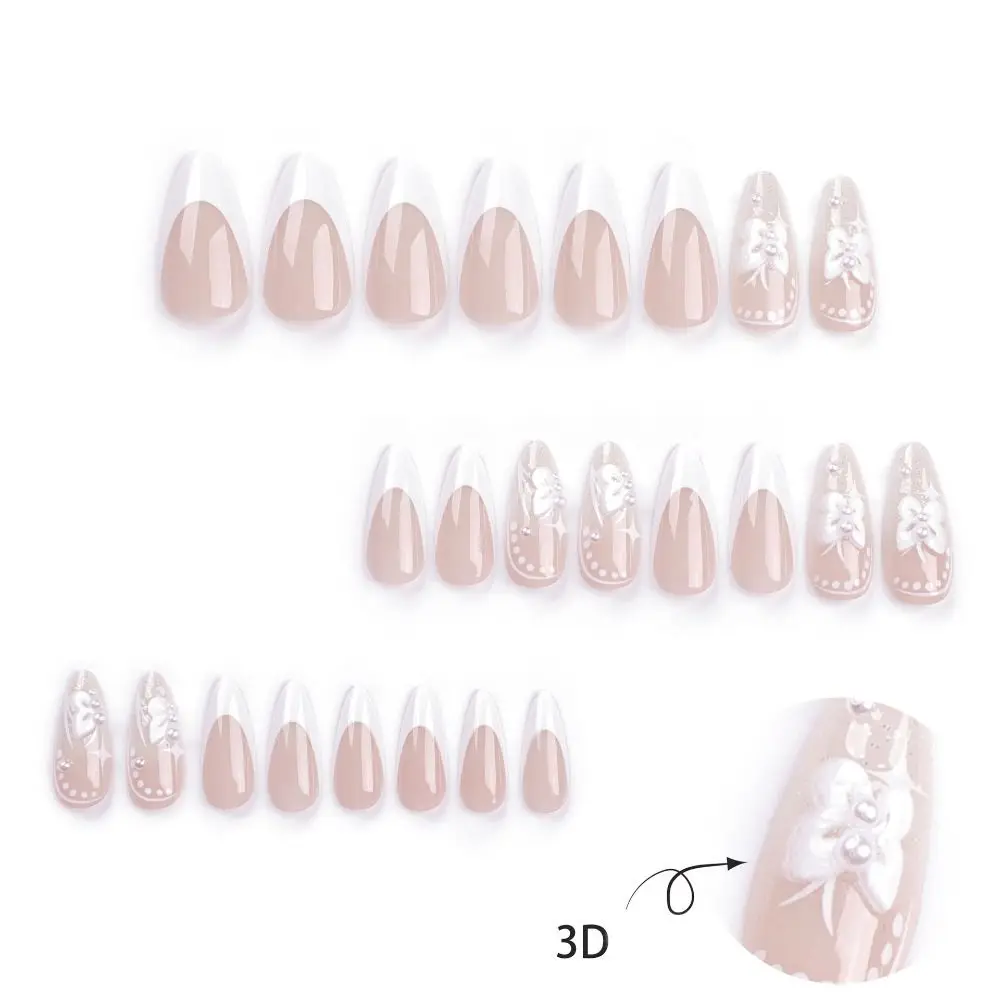 Manicure Long Almond False Nails 3D Bow Romantic Heart Press on Nails Detachable French Nail Tips DIY