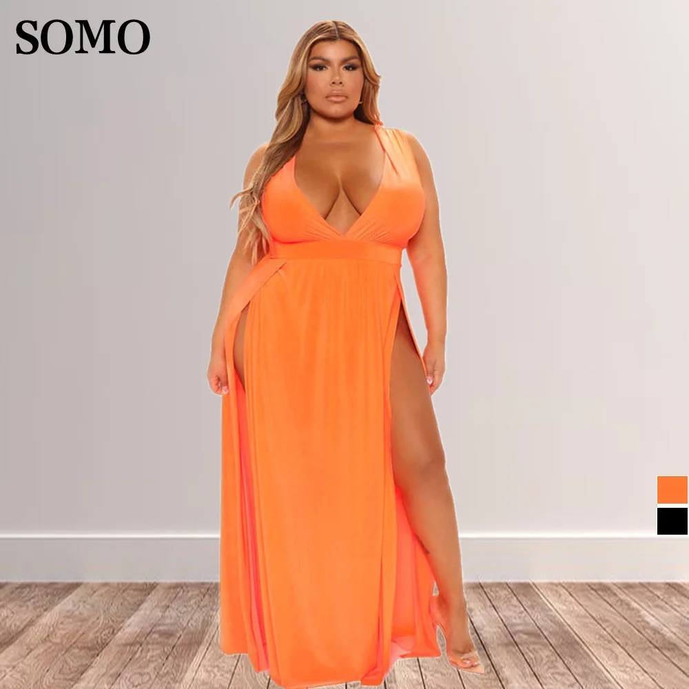 

Summer Fashion Plus Size Women Clothing Deep V Neck Sleeveless Sexy High Slit Long Maxi Dress for Ladies Wholesale Dropshipping