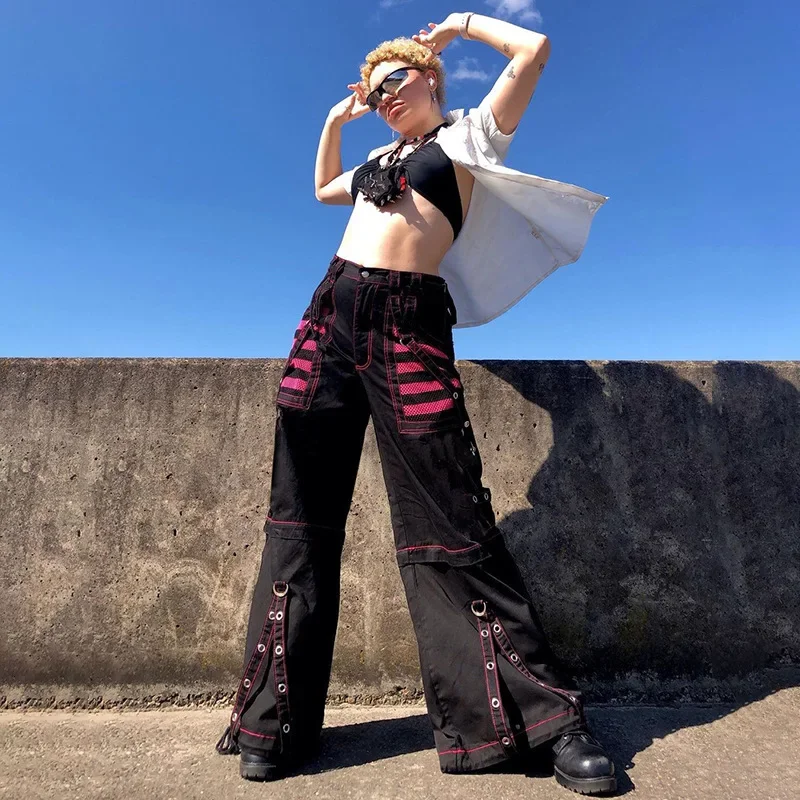 

Punk Wide Leg Pants Streetwear High Waist Baggy Gothic Cargo Pants for Women Harajuku Trousers Strap Patchwork Techwear Trousers
