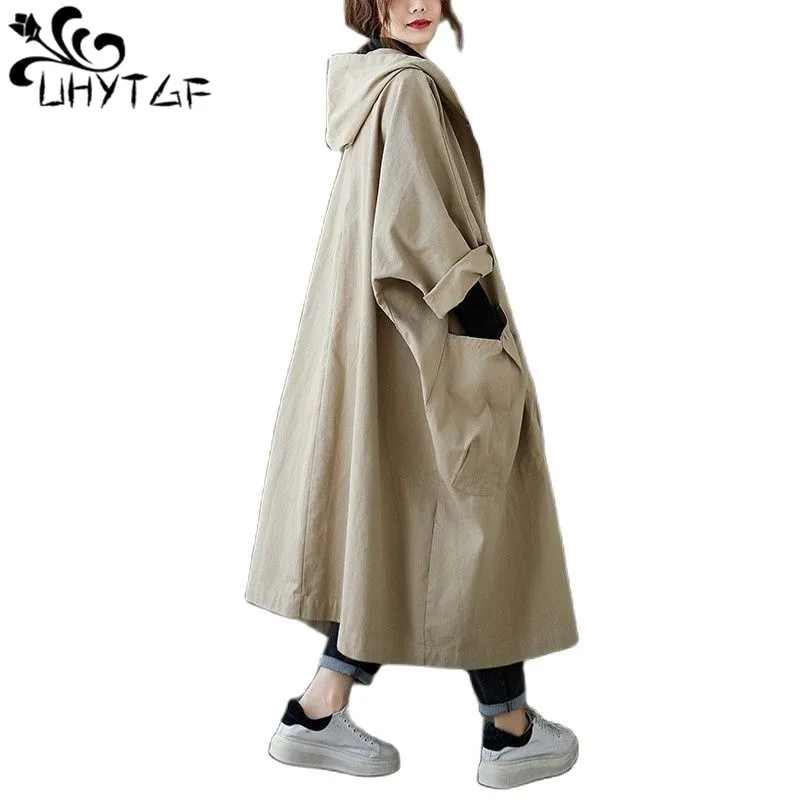 

UHYTGF Autumn Trench Coat Women 2023 Literary Loose Oversized Jacket Outerwear Ladies Hooded Casual Thin Windbreaker Female 2688