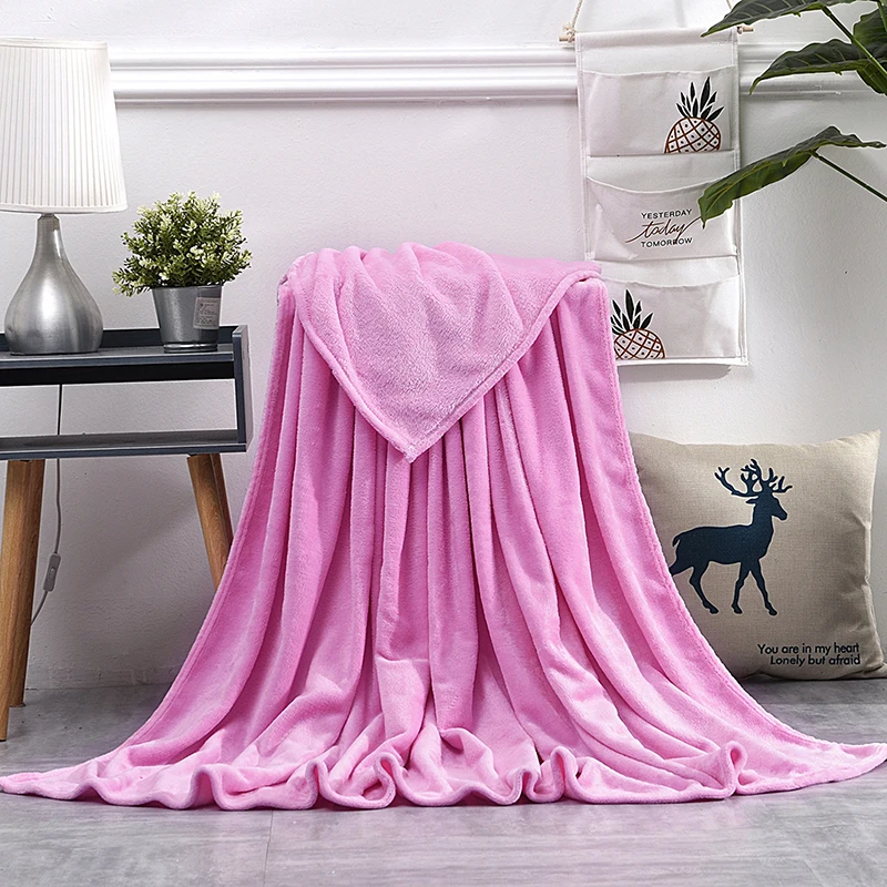 Super Soft Fleece Blanket Light Weight Solid Color Pink Blue Faux Fur