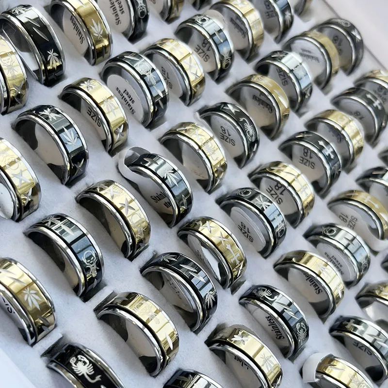 

50Pcs 200Pcs Black Gold Cross Skull Carving Stainless Steel Rings Rotatable Ring For Women Men Jewelry Lots Whole Factory LR223