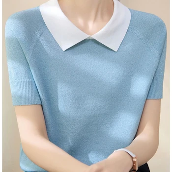 Maglione di seta ghiacciata a maniche corte in seta brillante con colletto polo per donna T-shirt alla moda con blocco colore allentato di grandi dimensioni