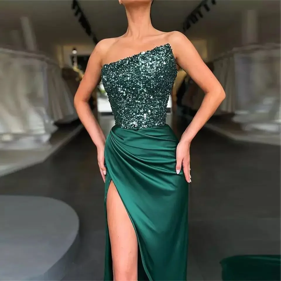 Sexy Women Sequined Evening Dress High Slit Party Dress Cocktail Robe Designer Green Long Dress Festival Grace Off The Shoulder