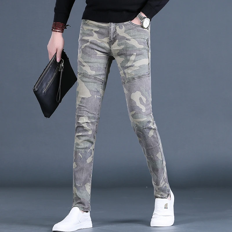 Autumn Men's Camouflage Jeans Casual Slim Fit Straight Leg Pants Streetwear Fashion Cotton Army Green Denim Trousers CP2071