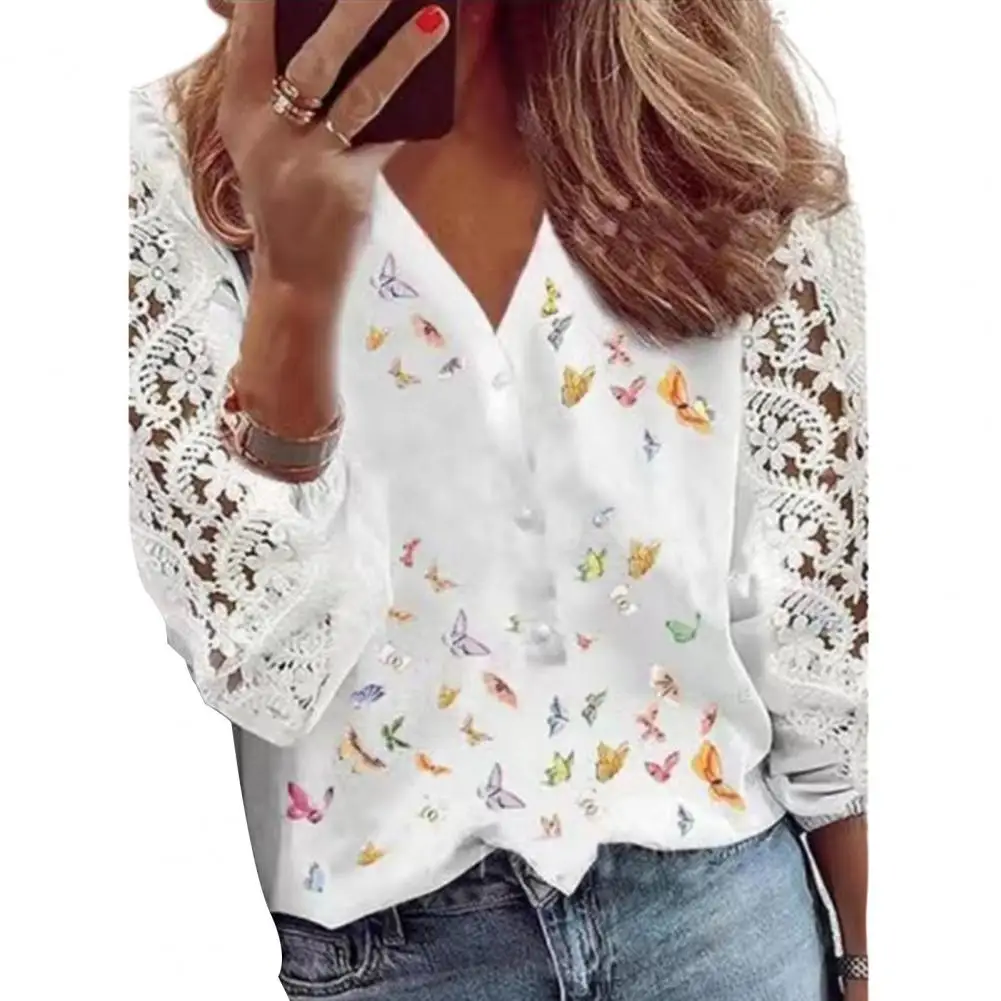 

Women Lace Shirt Casual Lace Shirt Elegant Lace Sleeve V-neck Shirt Chic Hollow Out Jacquard Design for Women's Workwear