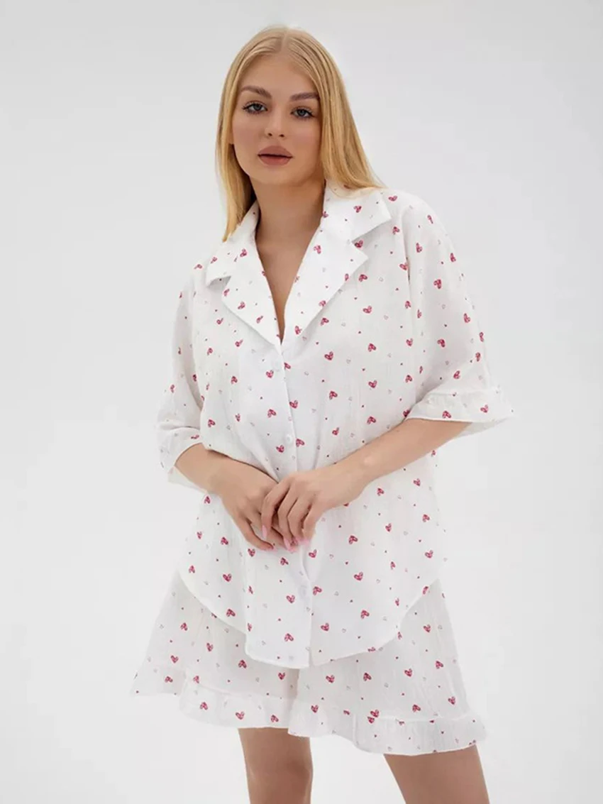 Mathaiqiqi Printing Women'S Nightgowns Suit Sexy Turn-Down Collar Pajamas Half Sleeve Nightwear Shorts Casual Ladies Nightie Set
