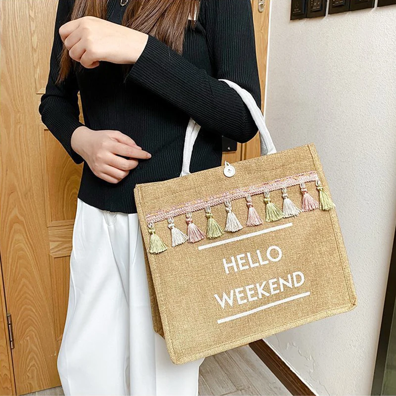 Women Beach Bags Handbags Large Capacity Lady Tassel Shoulder Bag Big Letter Linen Totes Casual Girls Travel Shopping Bag