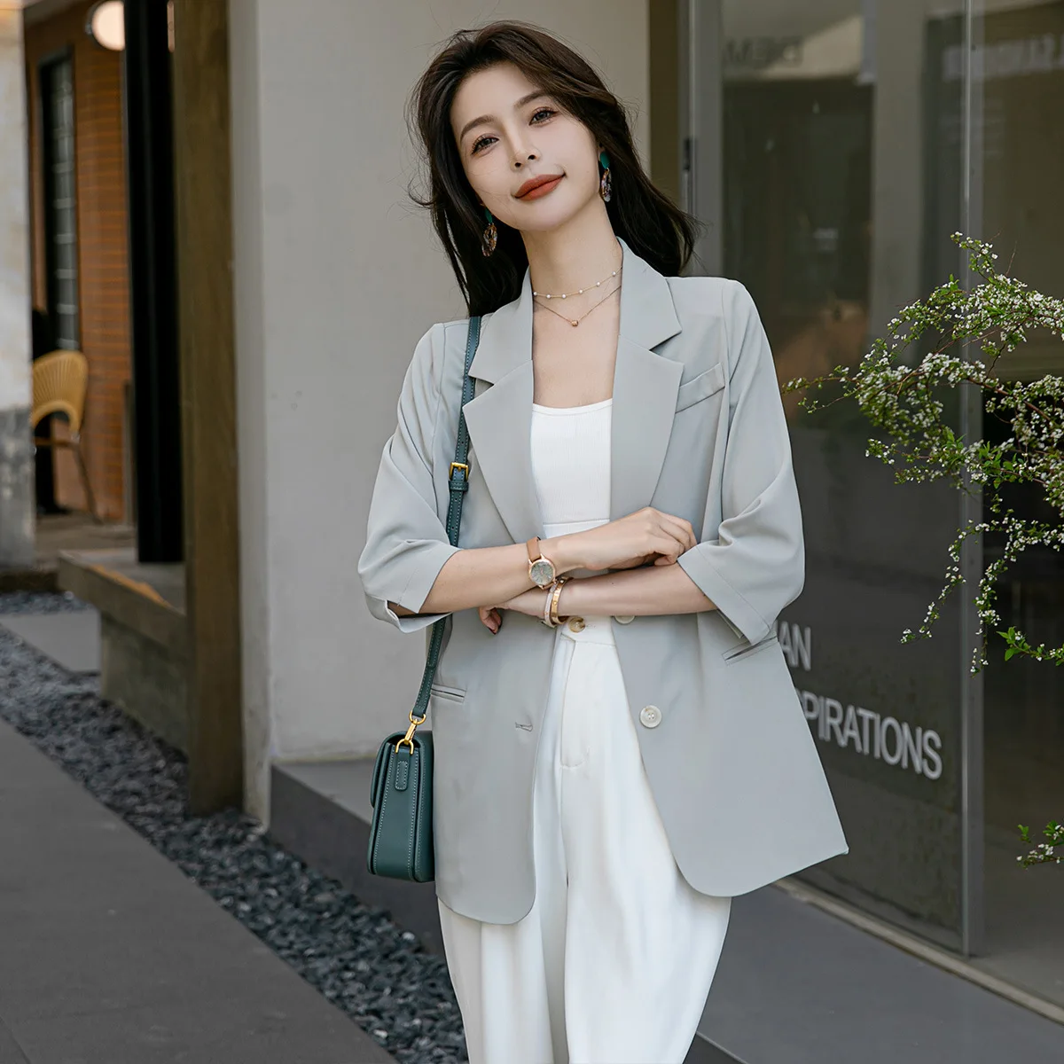 Spring and Autumn Daily Coat Women's Blazers Thin Fashion Loose Thin Seven Points Sleeve Lapel Suit Short Sets Jacket for Lady