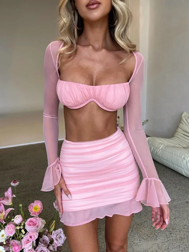 Mozision Mesh Sexy Dress Set Women Strapless Full Sleeve Crop Top And Mini Skirt Matching Sets Female Club Party Two Piece Set new men s suit european and american mesh knitted casual lapel t shirt short sleeve shorts men спортивный костюм мужской ropa