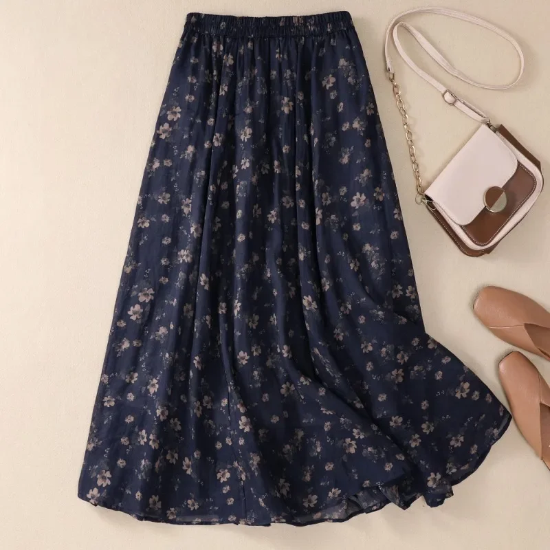 Chinese Style Women's Skirts Vintage Prints Skirt Cotton Linen Loose Spring/Summer High Waist A-LINE Clothing 2024 Korean