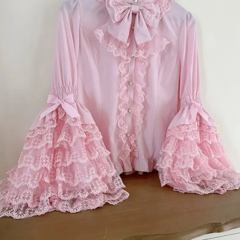 Gothic & Sweet Lolita Shirt - Long Sleeve Ruffled Blouse for JSK Dresses, Kawaii Doll Lace Top with Puff Sleeves in Pink/White