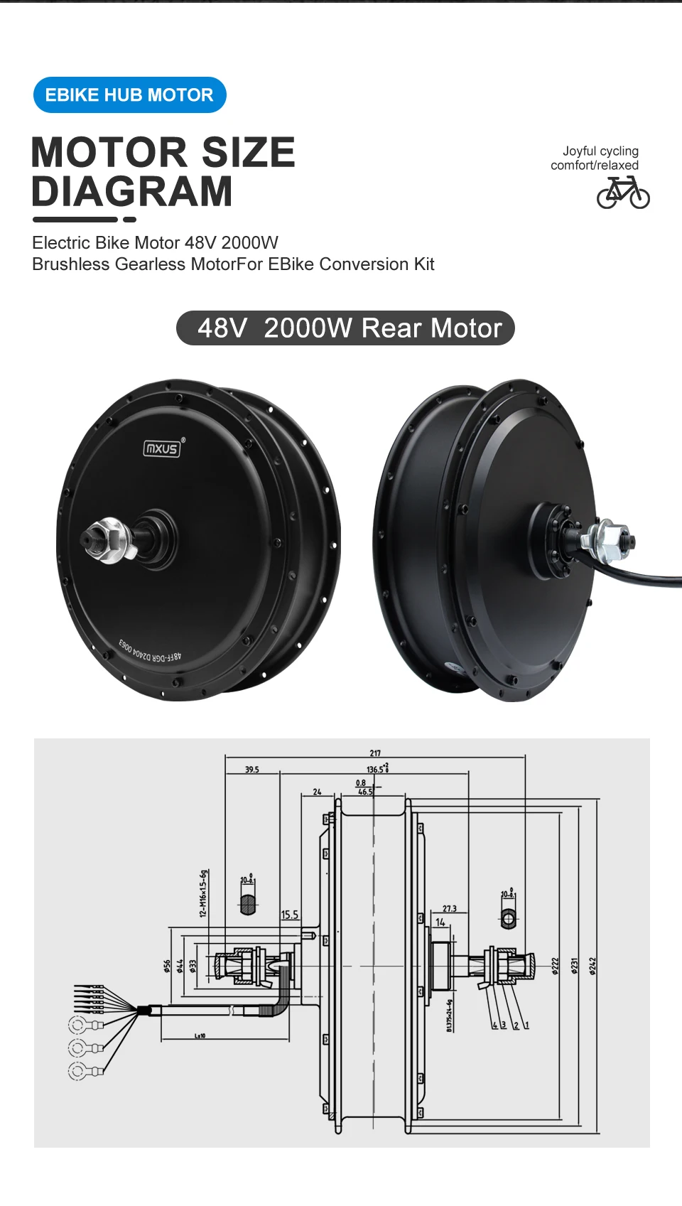 48V 2000W MTB Ebike Brushless Rear Hub Motor Dropout 135-142mm